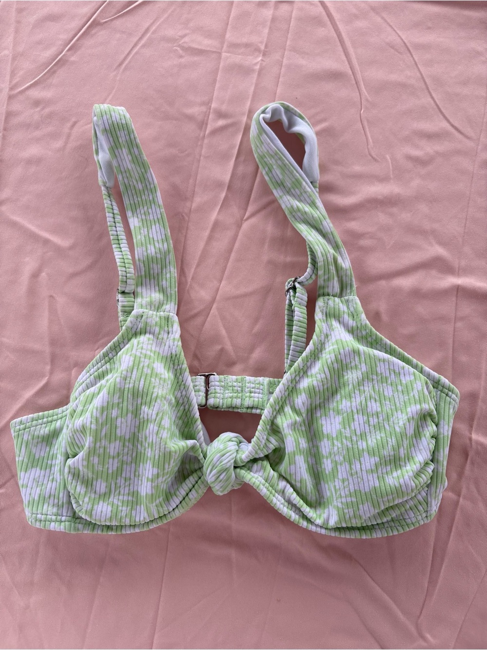 Green Floral Ribbed Knot Front Bathing Suit Top